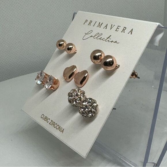 Primavera Collection 5 Pairs Rose Gold Tone Various Cubic Zirconia Post Earrings - Picture 6 of 8